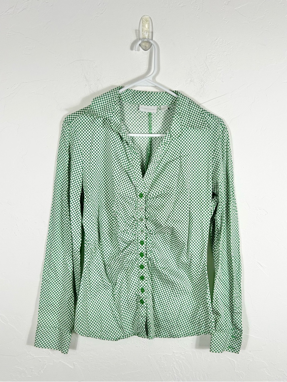 New York & Company Stretch Blouse M Green White Polka Dot Ruched Button Up Shirt